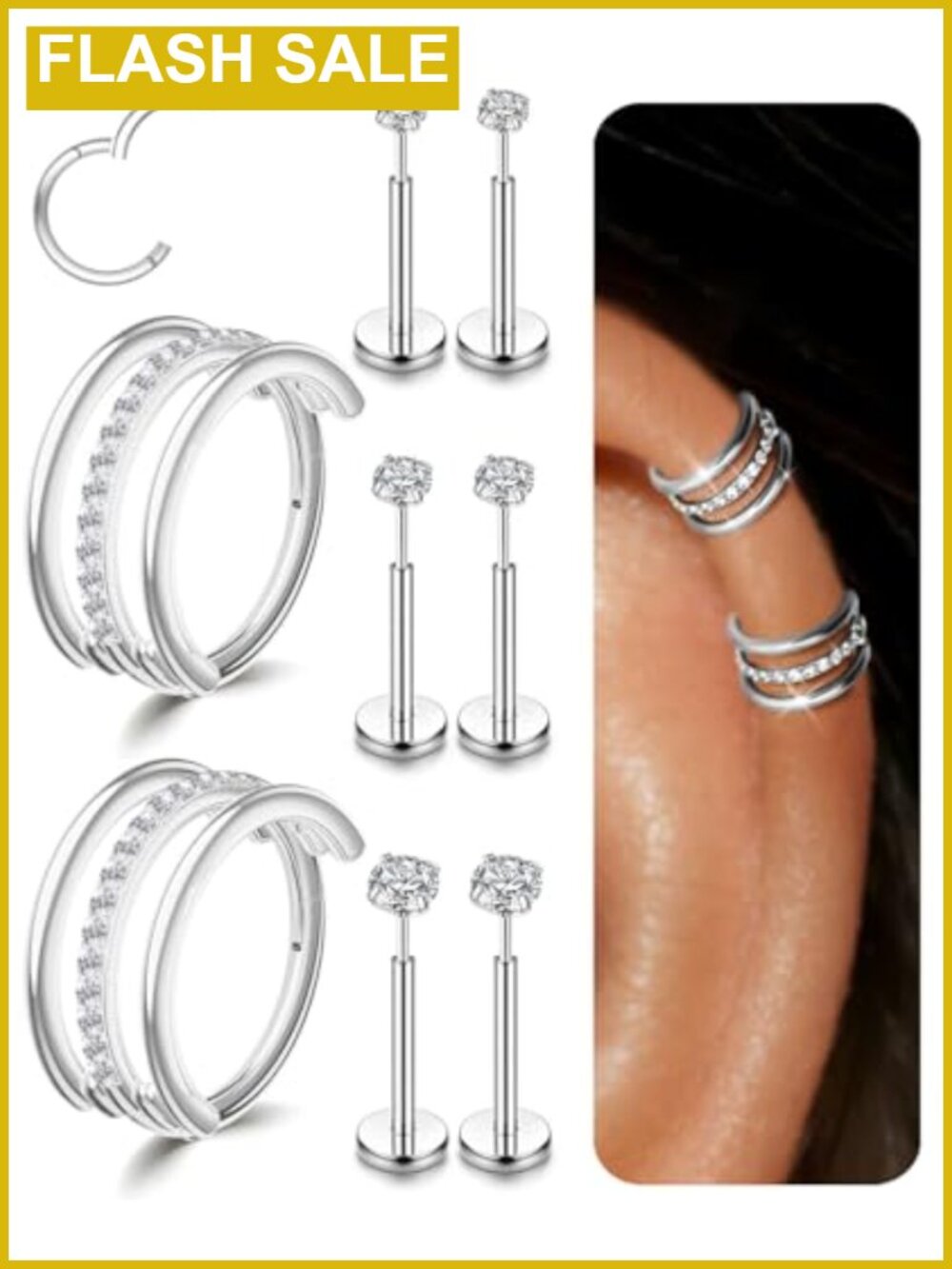 Cartilage Hoop Earrings Set Gold Plated Surgical Steel CZ Studs